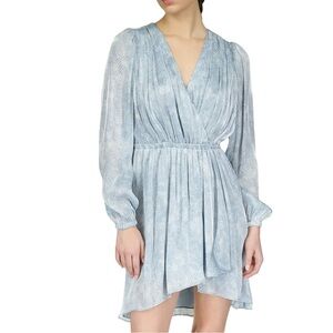 Michael Kors Faux Wrap Surplice Mini Dress Long Sleeve Ruched Light Blue XL NWT